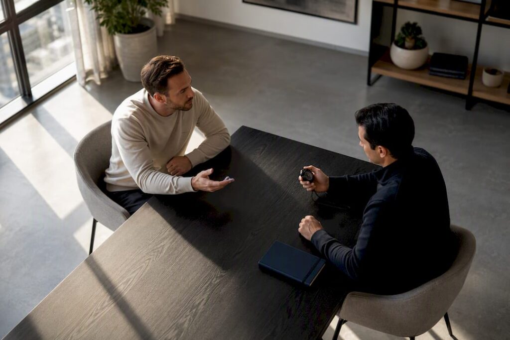 Sales professionals rehearsing a timed closing conversation