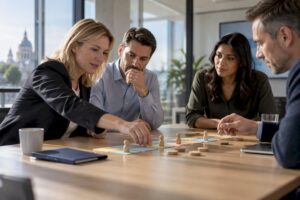 Sales team mapping a complex deal simulation