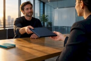 Founder handing sales playbook to successor