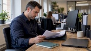Sales manager reviewing cold email compliance records
