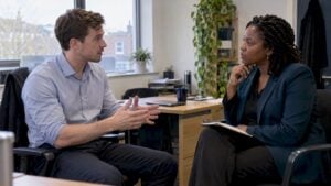 Coach guiding a sales rep through objection practice